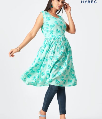 Rayon Floral Printed Frock(Light Turquoise)