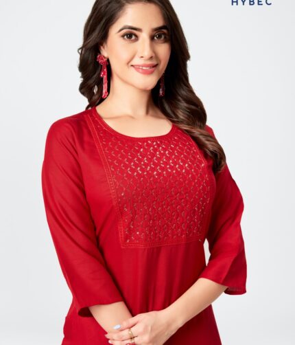 Embroidery Straight Kurti(Red)