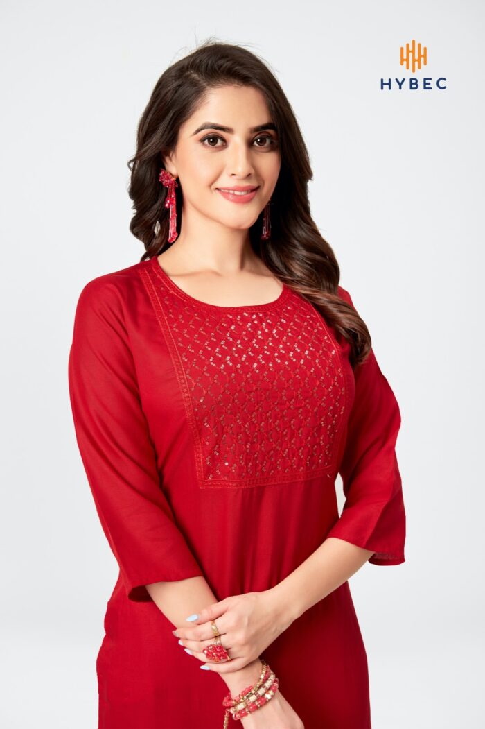Embroidery Straight Kurti(Red)