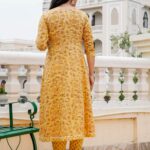 Hybec Designer Women's Cotton Blend Printed Nayra Cut Kurta Pant and Dupatta Set (Yellow)