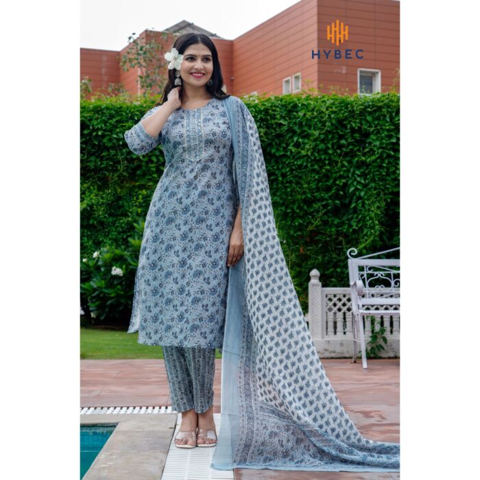 Hybec Designer Women's Cotton Blend Printed Straight Kurta Pant and Dupatta Set 3Pcs (Ligh Grey)