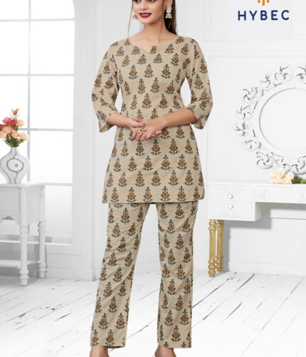 Hybec Women's Cotton Printed Co-Ord set (Biscuit)